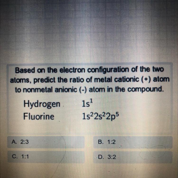 Based on the electron configuration of the two atoms, predict the ratio of metal cationic-example-1