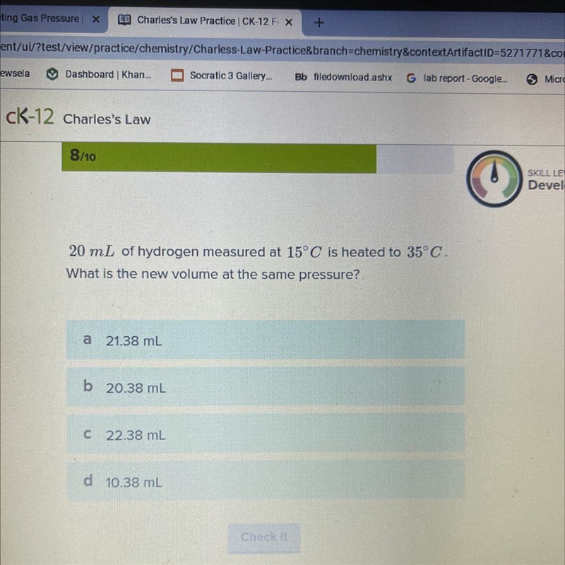 HELP! 20 mL of hydrogen measured at 15°C is heated to 35°C. What is the new volume-example-1