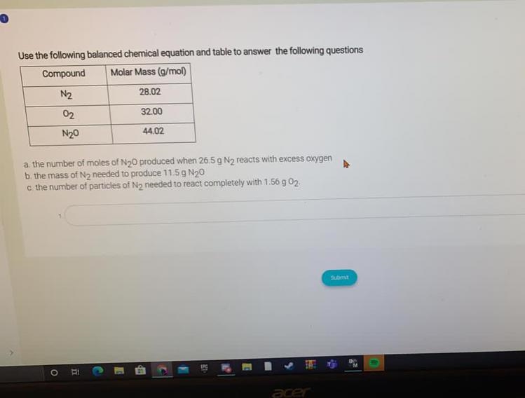 The number of moles of N2O produced when 26.5 g N2 reacts with excess oxygen?-example-1