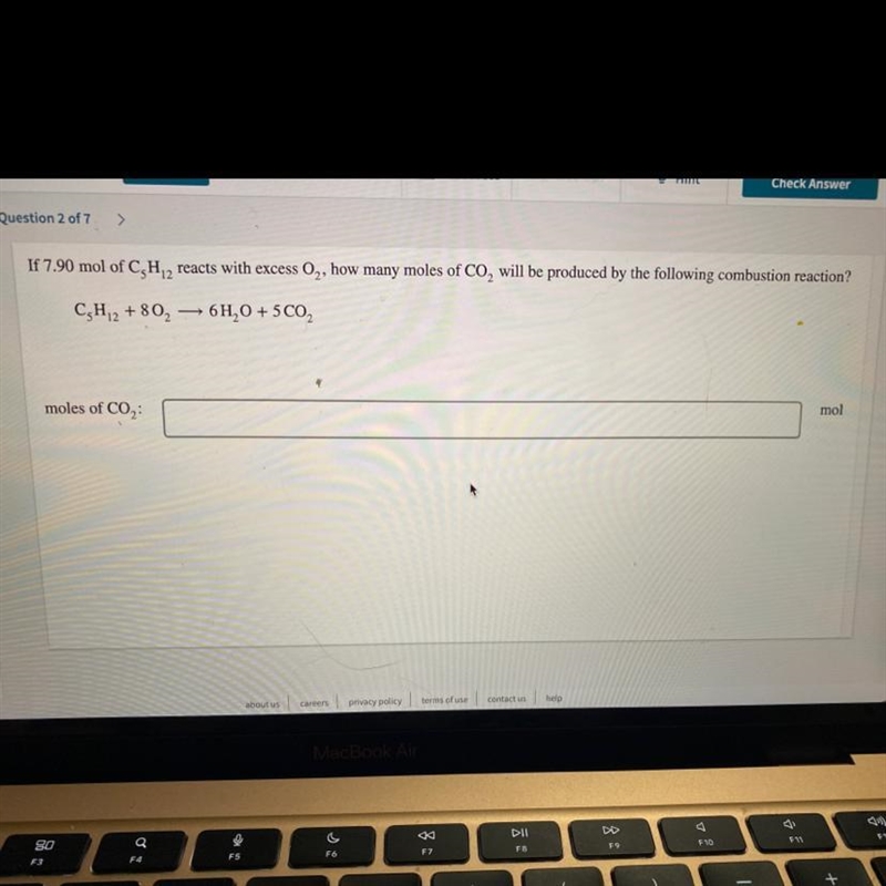 if 7.90 mol of C5H12 reacts with excess O2, how many moles of CO2 will be produced-example-1