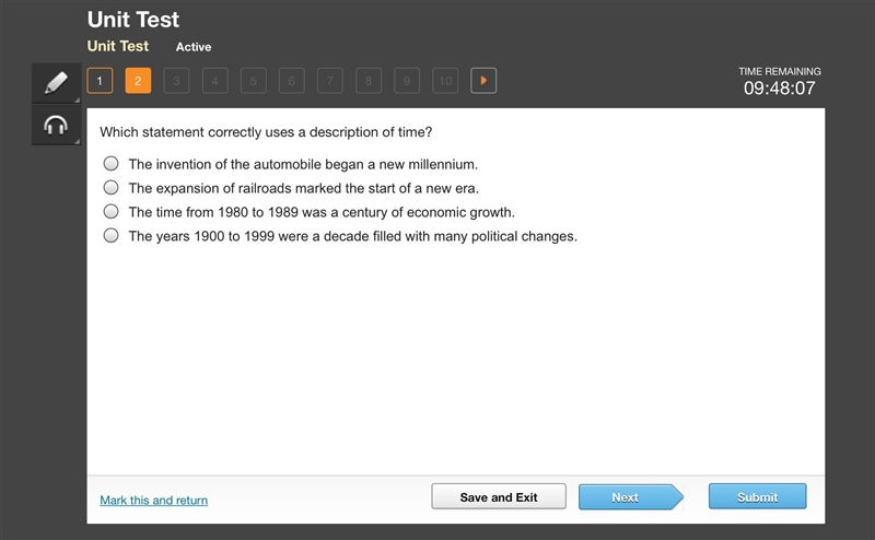 Which statement correctly uses a description of time? The invention of the automobile-example-1