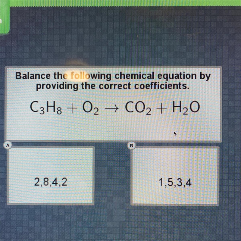 Balance the following chemical equation by providing the correct coefficients. C3H-example-1