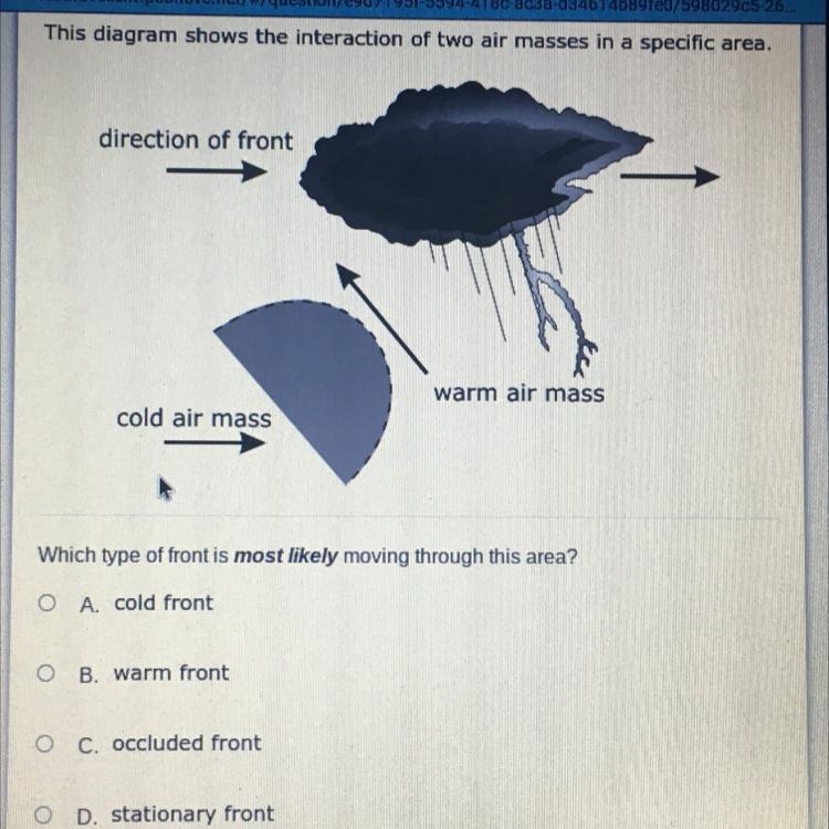 Which type of front is most likely moving through this area? A. cold front B. warm-example-1