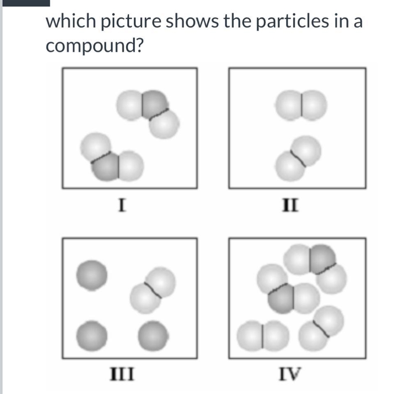 Which picture shows the particles in a compound? picture I and II picture I picture-example-1