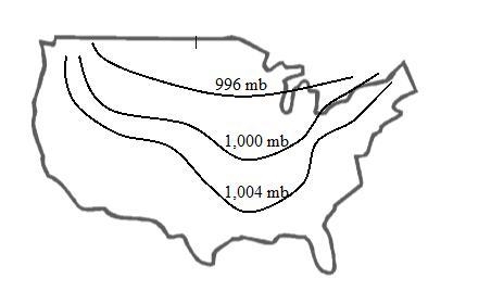 The lowest air pressure reading shown is _____ millibars 996mb 1,000mb 1,004-example-1