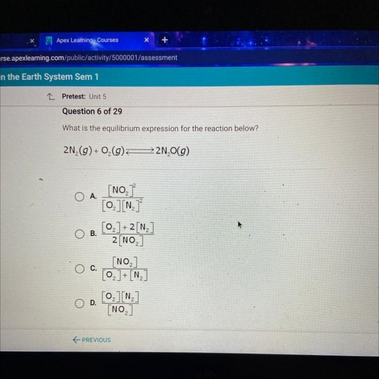 What is the equilibrium expression for the reaction below? 2N,(9)+ 0 (9) 72N0(9) A-example-1