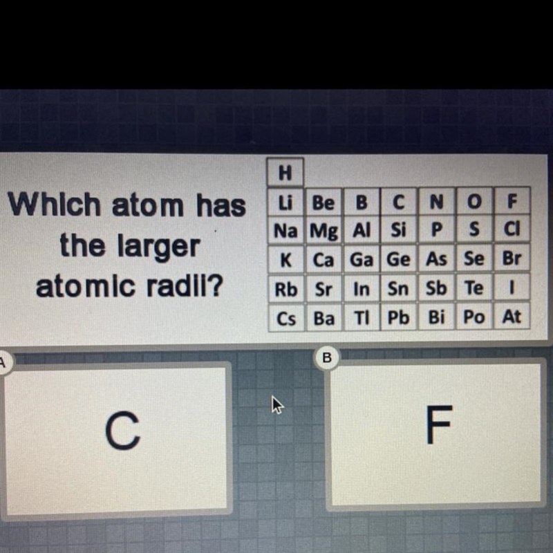 Which atom has the larger atomic radii? C or F?-example-1