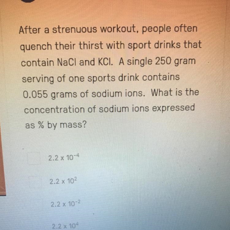 A single 250 gram serving of one sports drink contains 0.055 grams of sodium ions-example-1