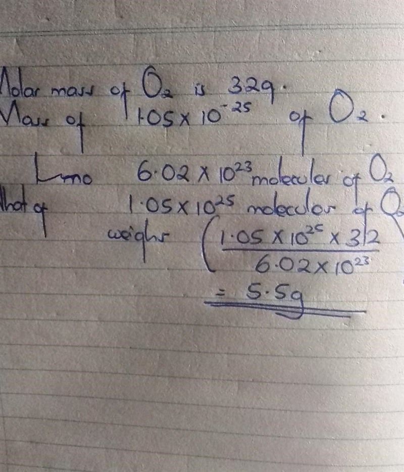 The molar mass of oxygen(O) is 32g. What is the mass of 1.05*10^25 molecules of O-example-1