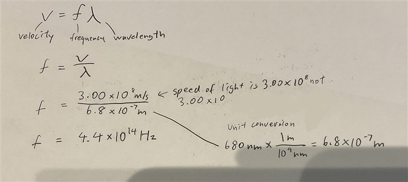 Question 20 0/1 pts What is the frequency of a light wave with the wavelength of 680 nm-example-1