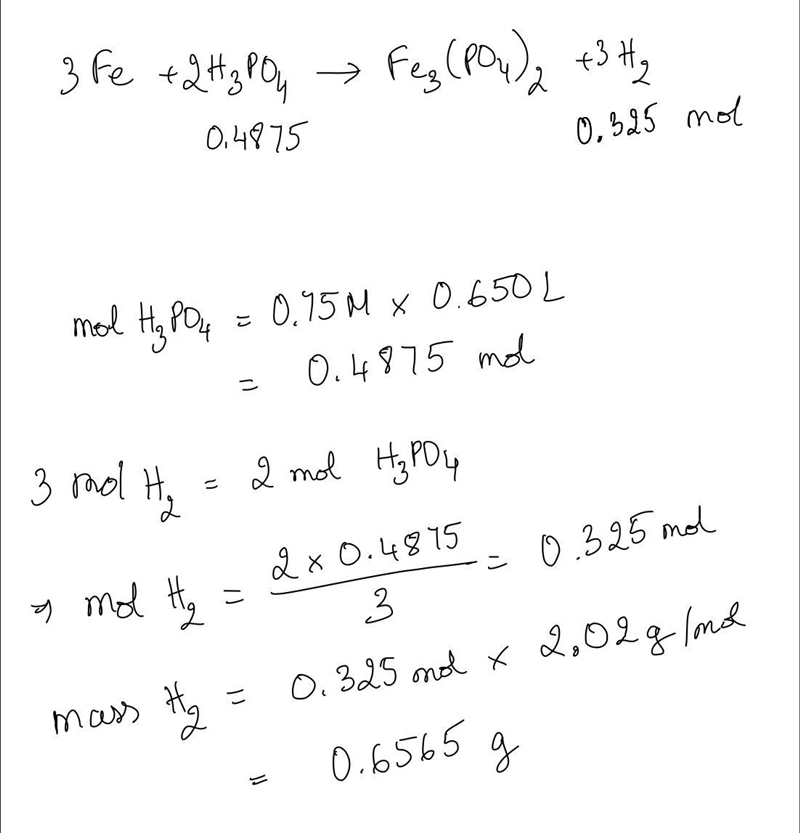 Excess Fe reacted with 650mL of 0.75M H3PO4. What mass of hydrogen gas was produced-example-1