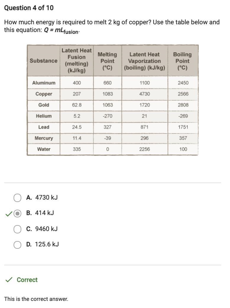 How much energy is required to melt 2 kg of copper? Use the table below and this equation-example-1