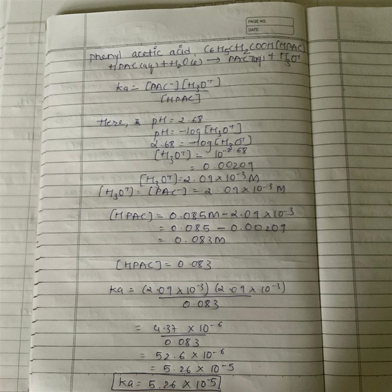 A 0.085 M solution of a weak acid has a pH of 2.68. Determine the Ka value for this-example-1