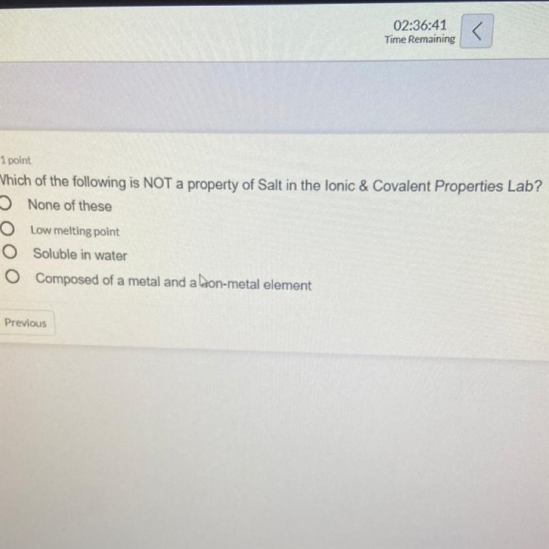 Which of the following is NOT. A property of salt in the ionic and covalent properties-example-1