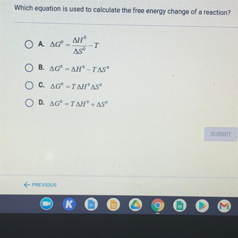 Which equation is used to calculate the free energy change of a reaction-example-1