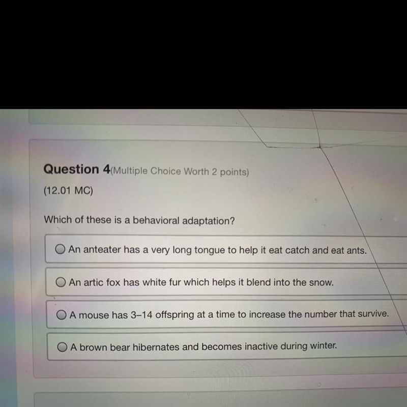 Which of these is a behavioral adaptation?-example-1