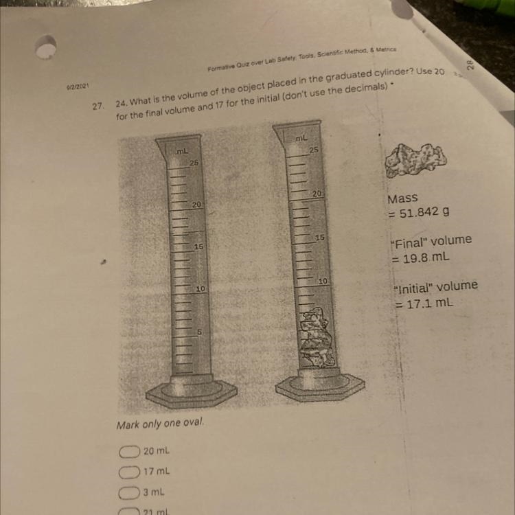 24. What is the volume of the object placed in the graduated Cylinder? Use 20 for-example-1