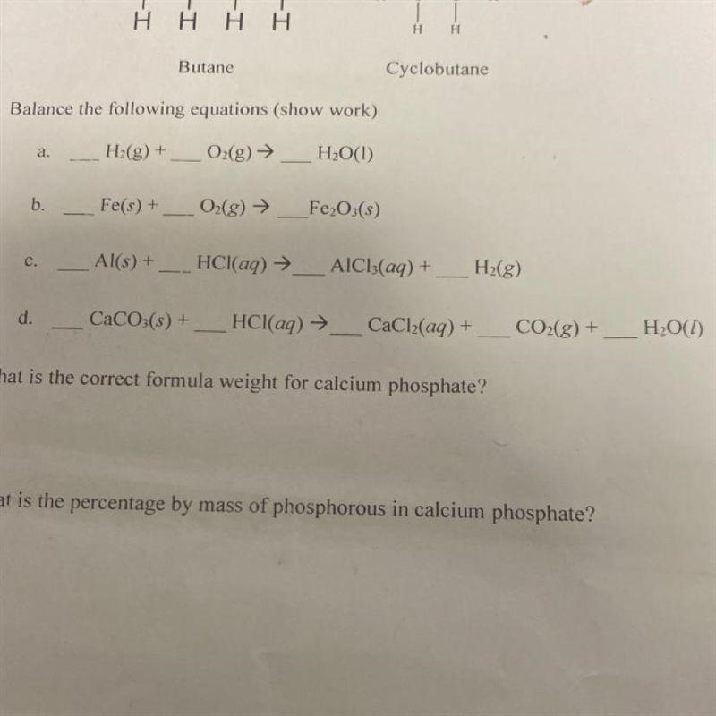 4. Balance the following equations (show work) a.___H2(g) +___O2(g) →___H2O(1) b.____Fe-example-1