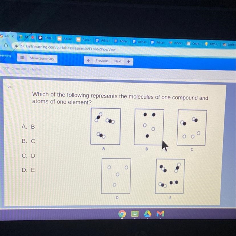 Which of the following represents the molecules of one compound and atoms of one element-example-1