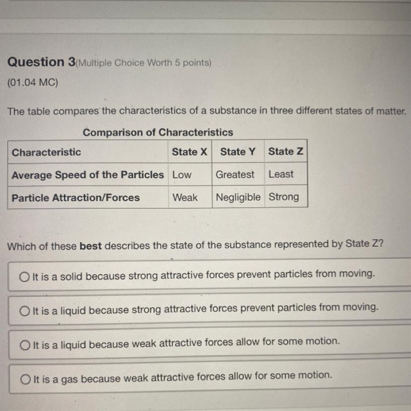 The table compares the characteristics of a substance in three different states of-example-1