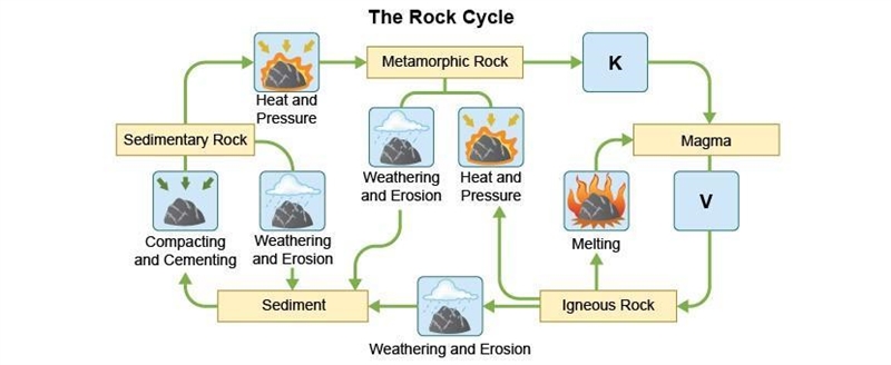 This image shows the rock cycle. Which event most likely occurs at point V? cooling-example-1