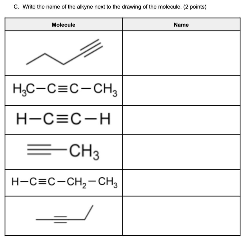 Question 2: Naming Hydrocarbons Write the name of the alkyne next to the drawing of-example-1