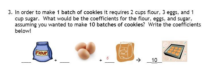 In order to make 1 batch of cookies it requires 2 cups flour, 3 eggs, and 1 cup sugar-example-1