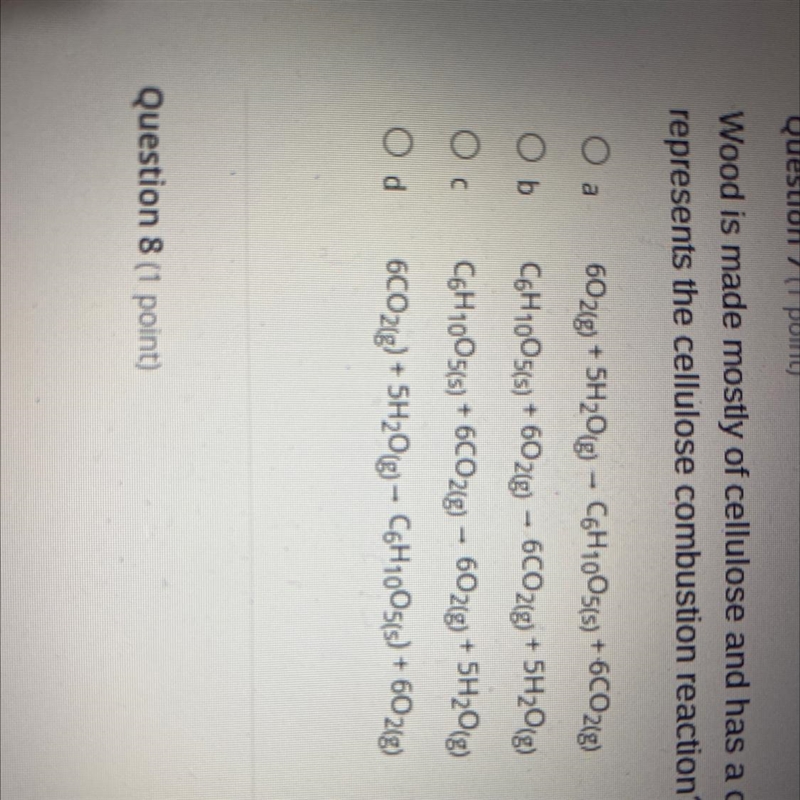 Wood is made mostly of cellulose and has a chemical formula of C.H.00. Which of the-example-1