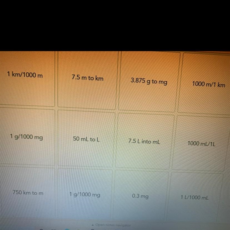 PLS HELP MATCH CONVERSIONS!!!!! 1 km/1000 m 7.5 m to km 3.875 g to mg 1000 m/1 km-example-1