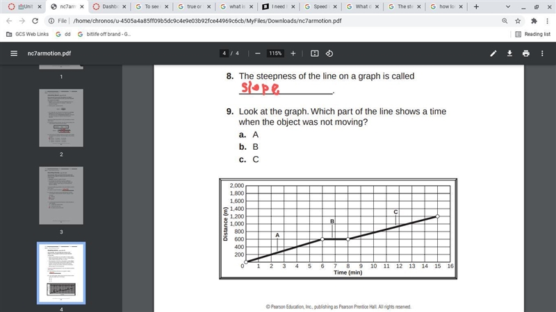 Look at the graph. Which part of the line shows a time when the object was not moving-example-1