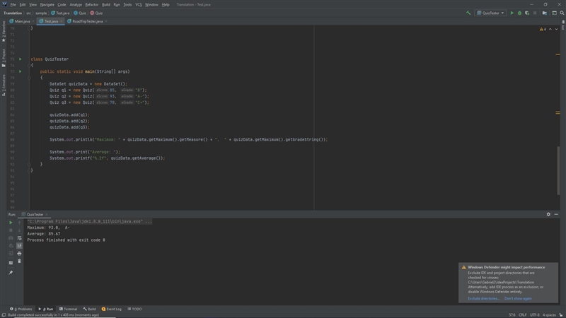 Implement a class Quiz that implements the Measurable interface. A quiz has a score-example-1