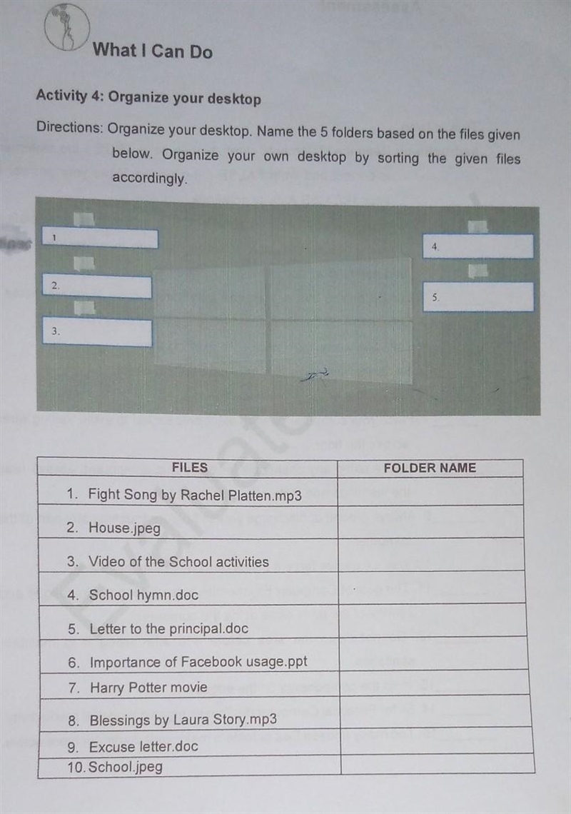 DIRECTIONS: Organize your desktop. Name the 5 folders based on the files given below-example-1