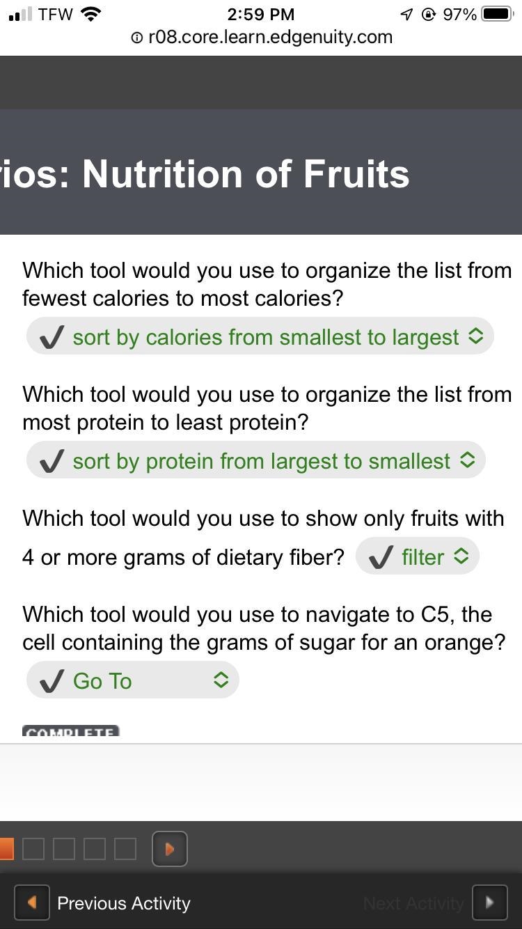 100POINTS!!!! Which tool would you use to organize the list from fewest calories to-example-1