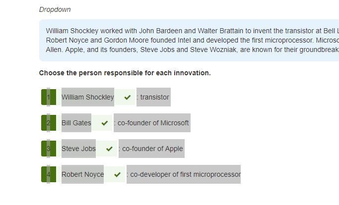 PLEASE HELP!!!!!! 20 points! Choose the person responsible for each innovation. : transistor-example-1