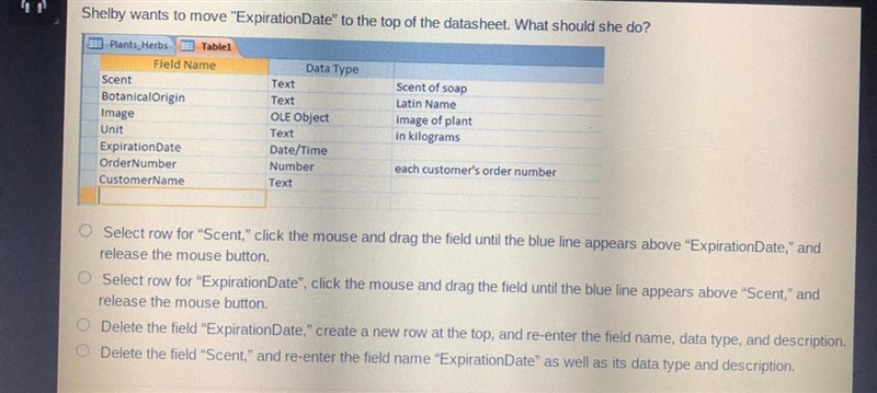 Shelby wants to move “ExpirationDate” to the top of the datasheet. What should she-example-1