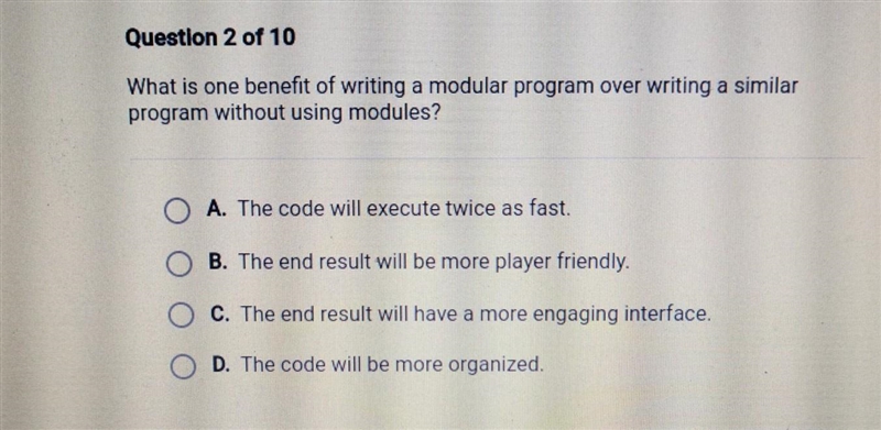 !! Please help quick !! What is one benefit of writing a modular program over writing-example-1