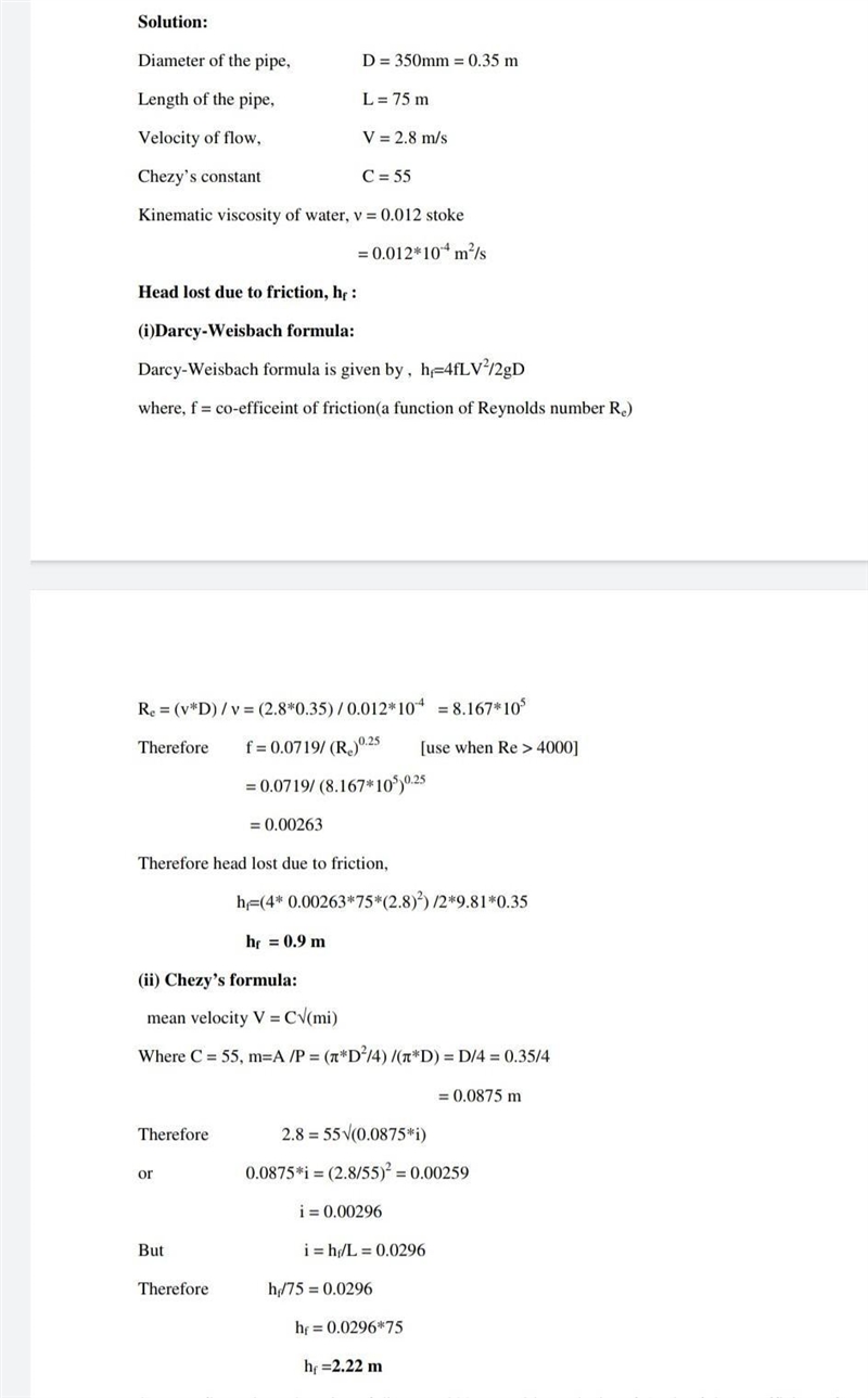 In a pipe of diameter 350mm and length 75mm, water is flowing at a velocity of 2.8m-example-1