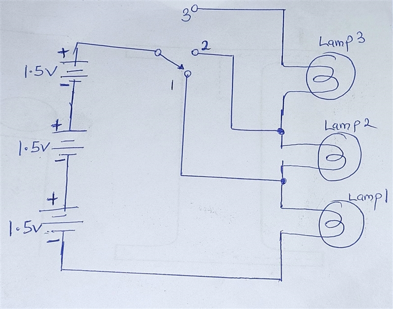 Using 1.5 V batteries, a switch, and three lamps, devise a circuit to apply 4.5 V-example-1