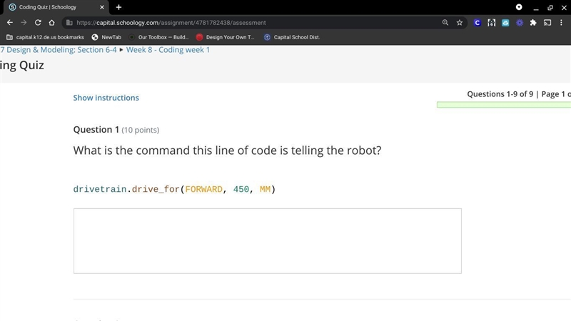 What is the command this line of code is telling the robot? drivetrain.drive_for(FORWARD-example-1