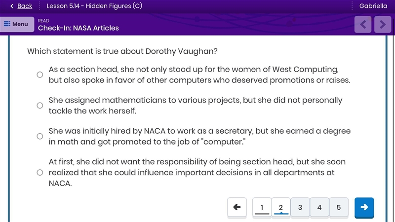 Which statement is true about Dorothy Vaughan?-example-1