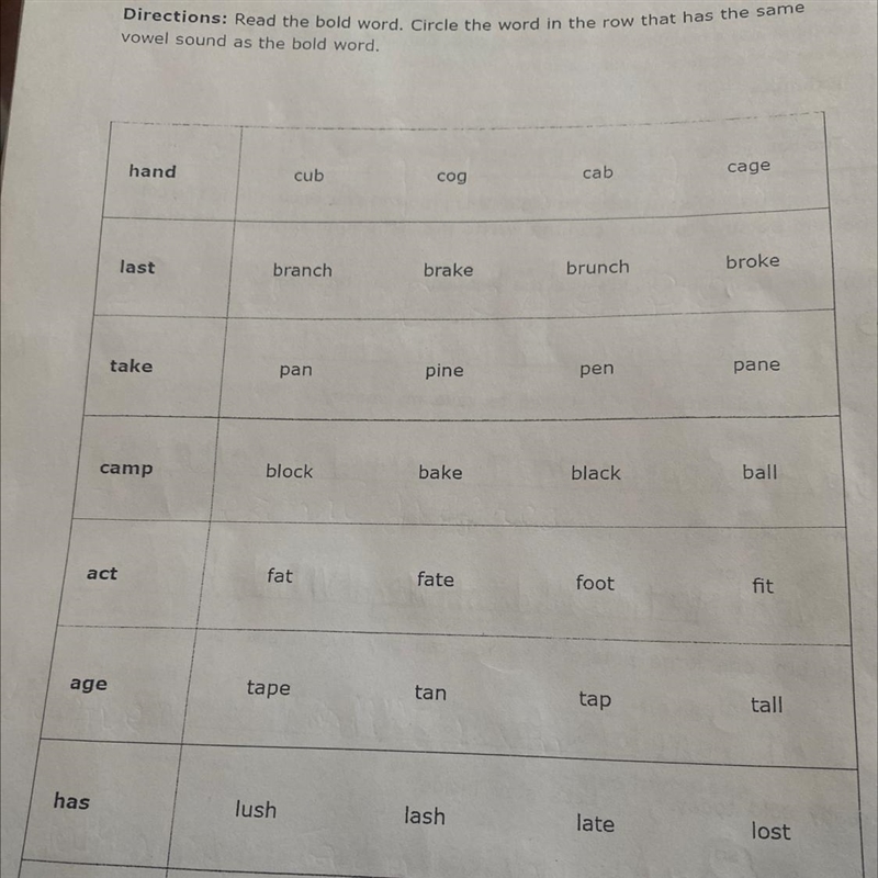 Which word has the same vowel sound as a bold word?-example-1