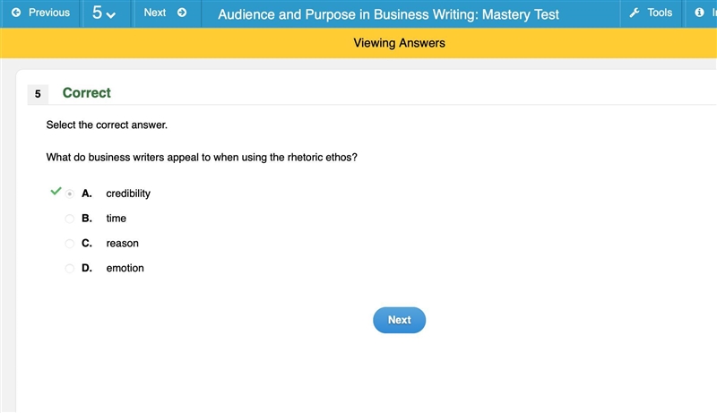 What do business writers appeal to when using the rhetoric ethos? A. credibility B-example-1