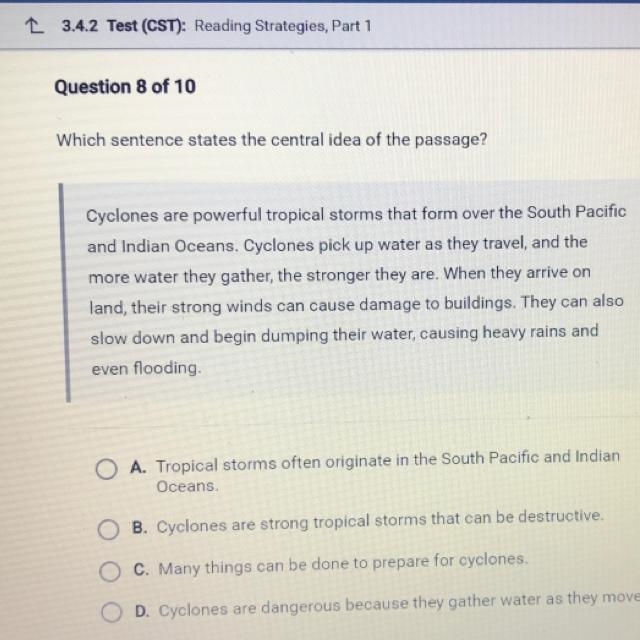 Which sentence states the central idea of the passage? Cyclones are powerful tropical-example-1