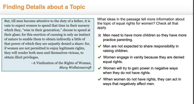 What ideas in the passage tell more information about the topic of equal rights for-example-1