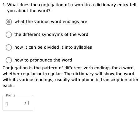 What does the conjugation of a word in a dictionary entry tell you about the word-example-1