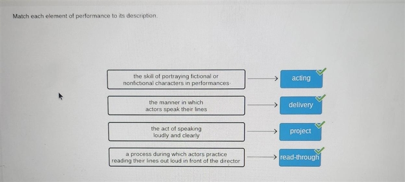 Drag the tiles to the boxes to form correct pairs. Match each element of performance-example-1