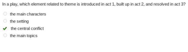 In a play, which element related to theme is introduced in act 1, built up in act-example-1