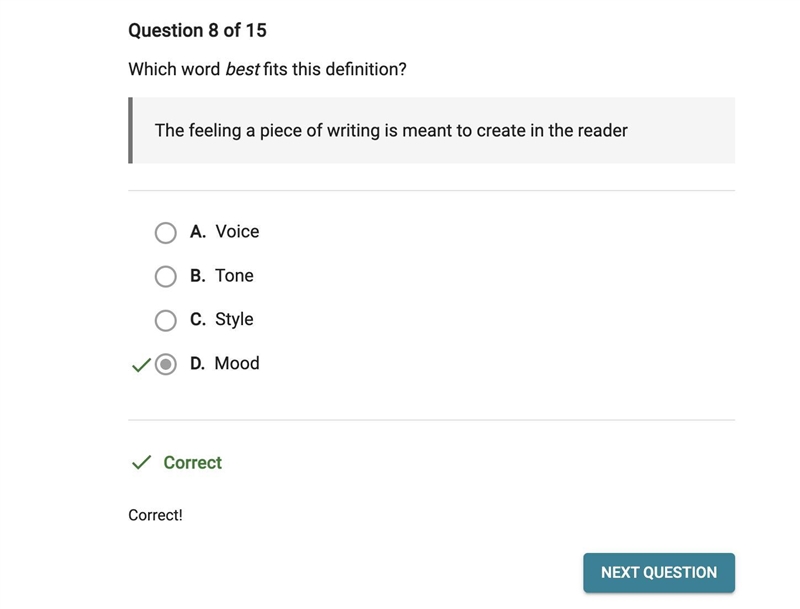 Which word best fits this definition? The feeling a piece of writing is meant to create-example-1