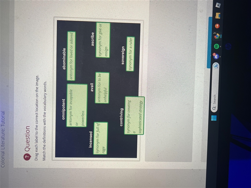 Match the definitions with the vocabulary words omnipotent, ascribe-example-1