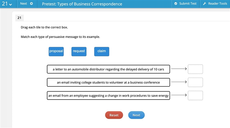 Match each type of persuasive message to its example. proposal request claim-example-1